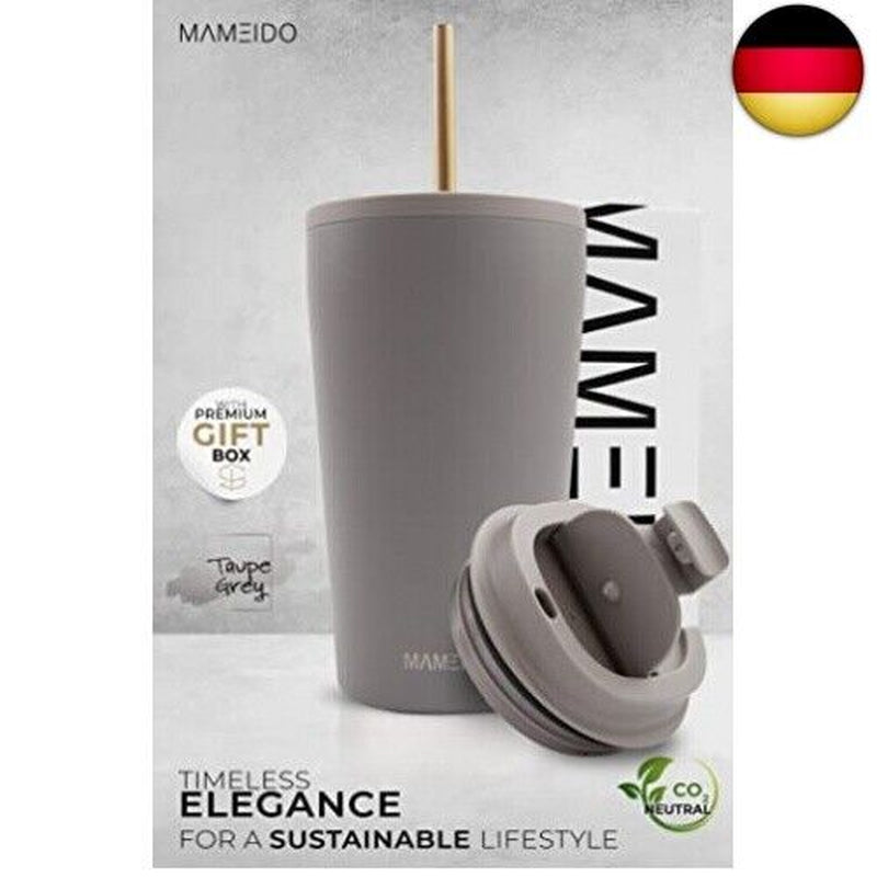 MAMEIDO Thermobecher 470 Taupe Grey - Trinkbecher Mit Deckel Und Strohhalm Aus